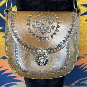 Vintage 70’s Stamped Tooled Leather Shoulder Bag Purse. Eye Of Horus. Bohemian.